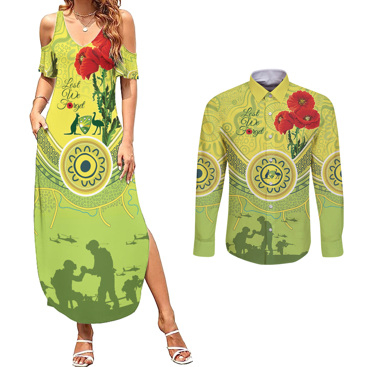 Custom Australia Cricket ANZAC Couples Matching Summer Maxi Dress and Long Sleeve Button Shirt The Military Soldiers with Aboriginal Style