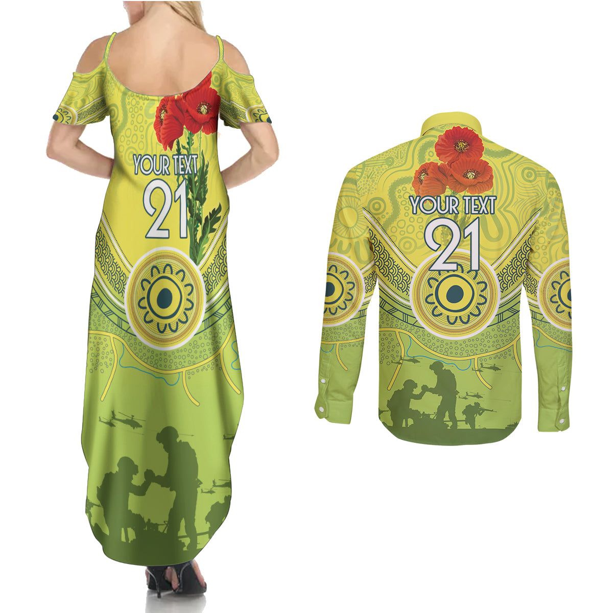 Custom Australia Cricket ANZAC Couples Matching Summer Maxi Dress and Long Sleeve Button Shirt The Military Soldiers with Aboriginal Style