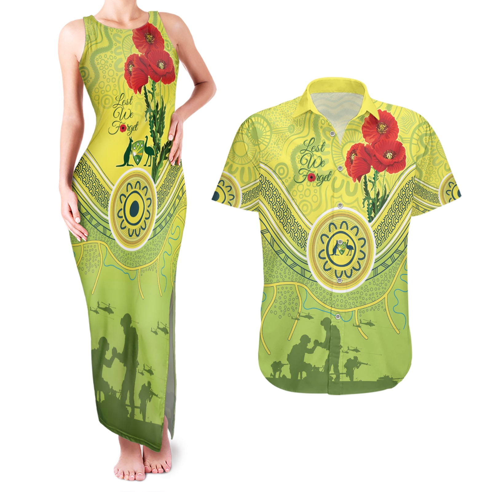 Custom Australia Cricket ANZAC Couples Matching Tank Maxi Dress and Hawaiian Shirt The Military Soldiers with Aboriginal Style