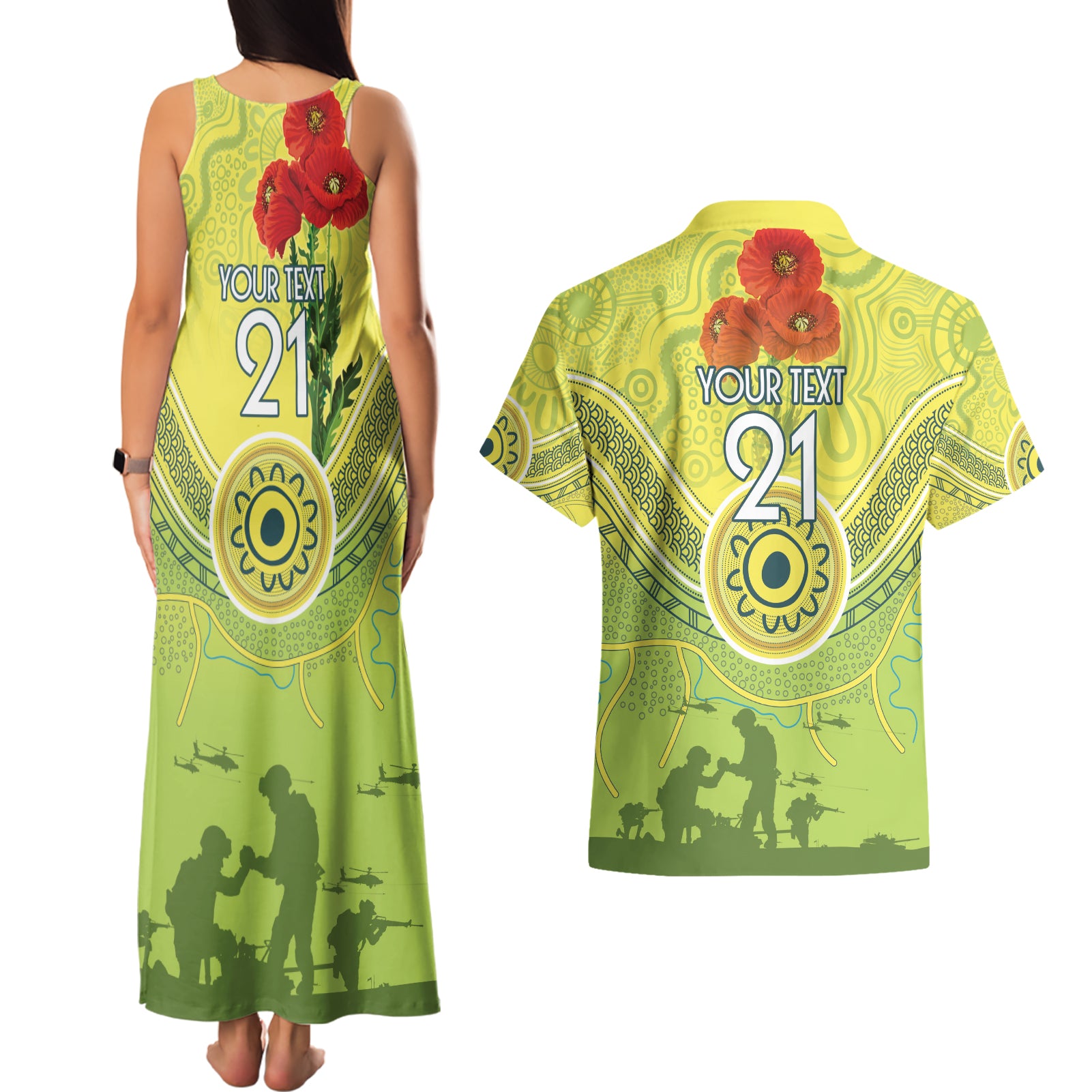 Custom Australia Cricket ANZAC Couples Matching Tank Maxi Dress and Hawaiian Shirt The Military Soldiers with Aboriginal Style