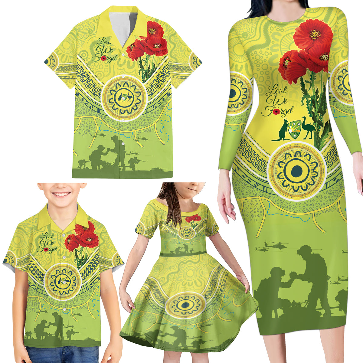 Custom Australia Cricket ANZAC Family Matching Long Sleeve Bodycon Dress and Hawaiian Shirt The Military Soldiers with Aboriginal Style