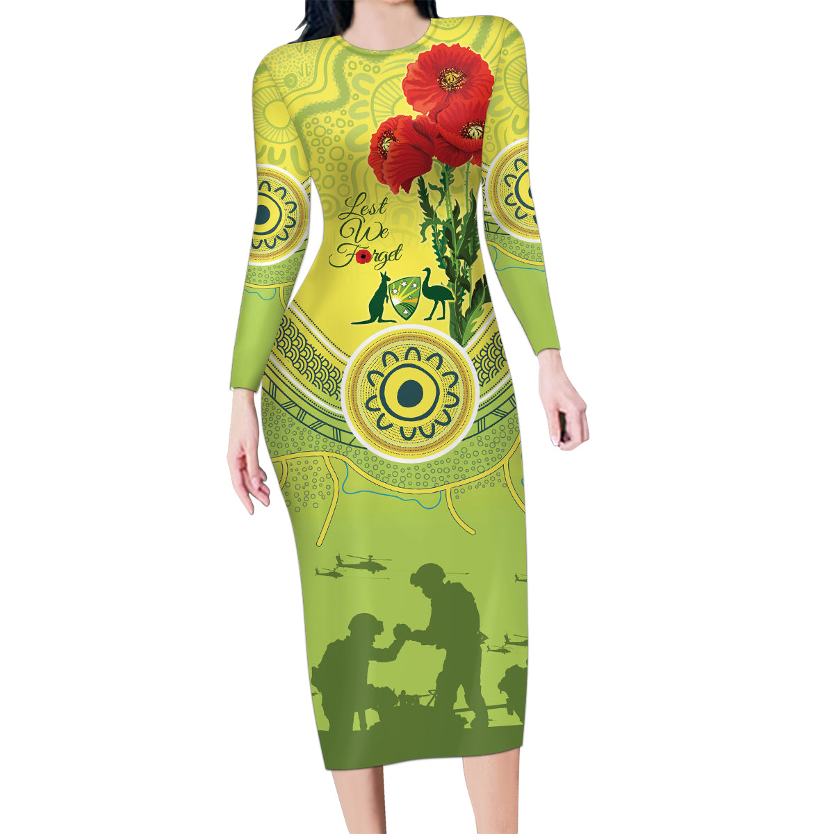 Custom Australia Cricket ANZAC Family Matching Long Sleeve Bodycon Dress and Hawaiian Shirt The Military Soldiers with Aboriginal Style