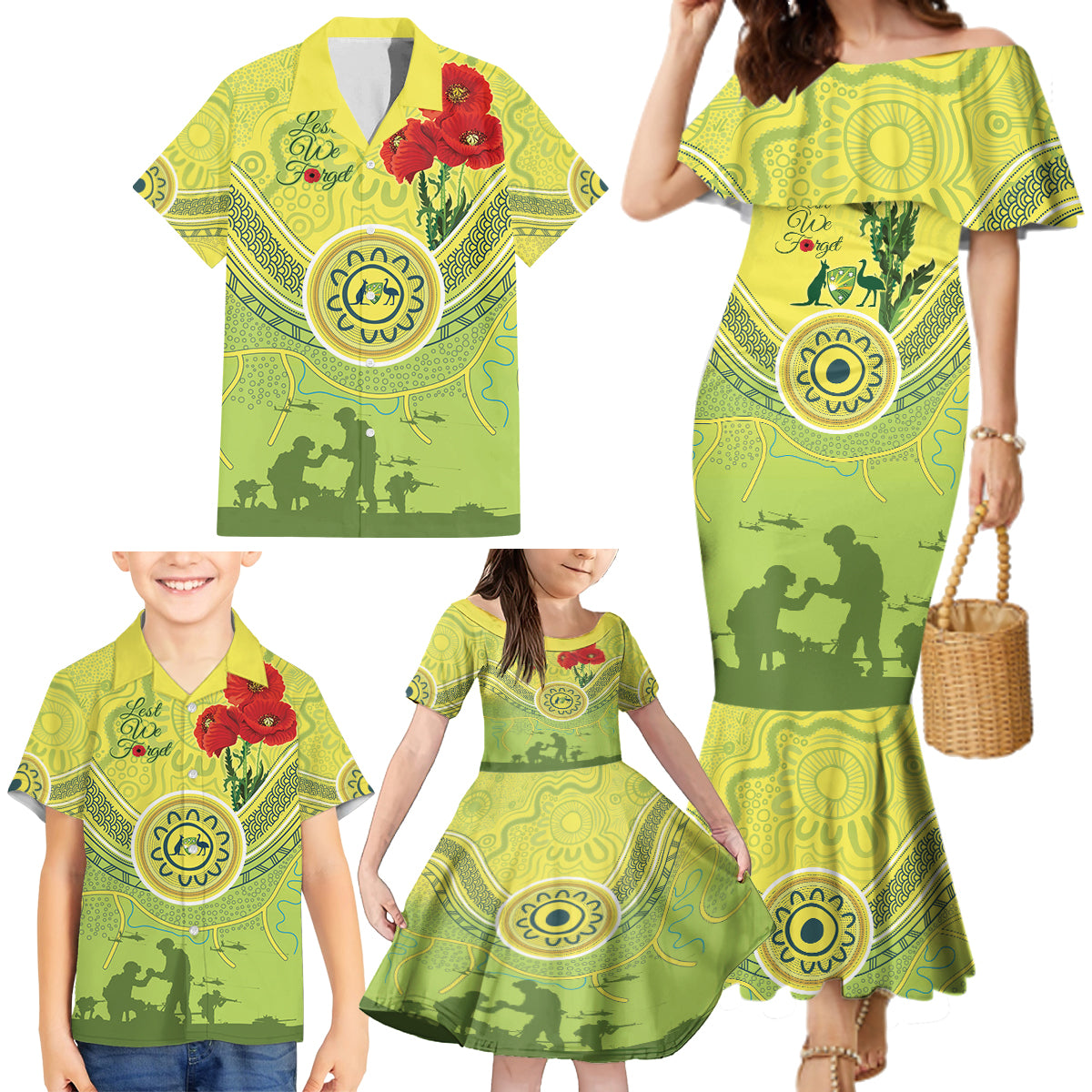 Custom Australia Cricket ANZAC Family Matching Mermaid Dress and Hawaiian Shirt The Military Soldiers with Aboriginal Style