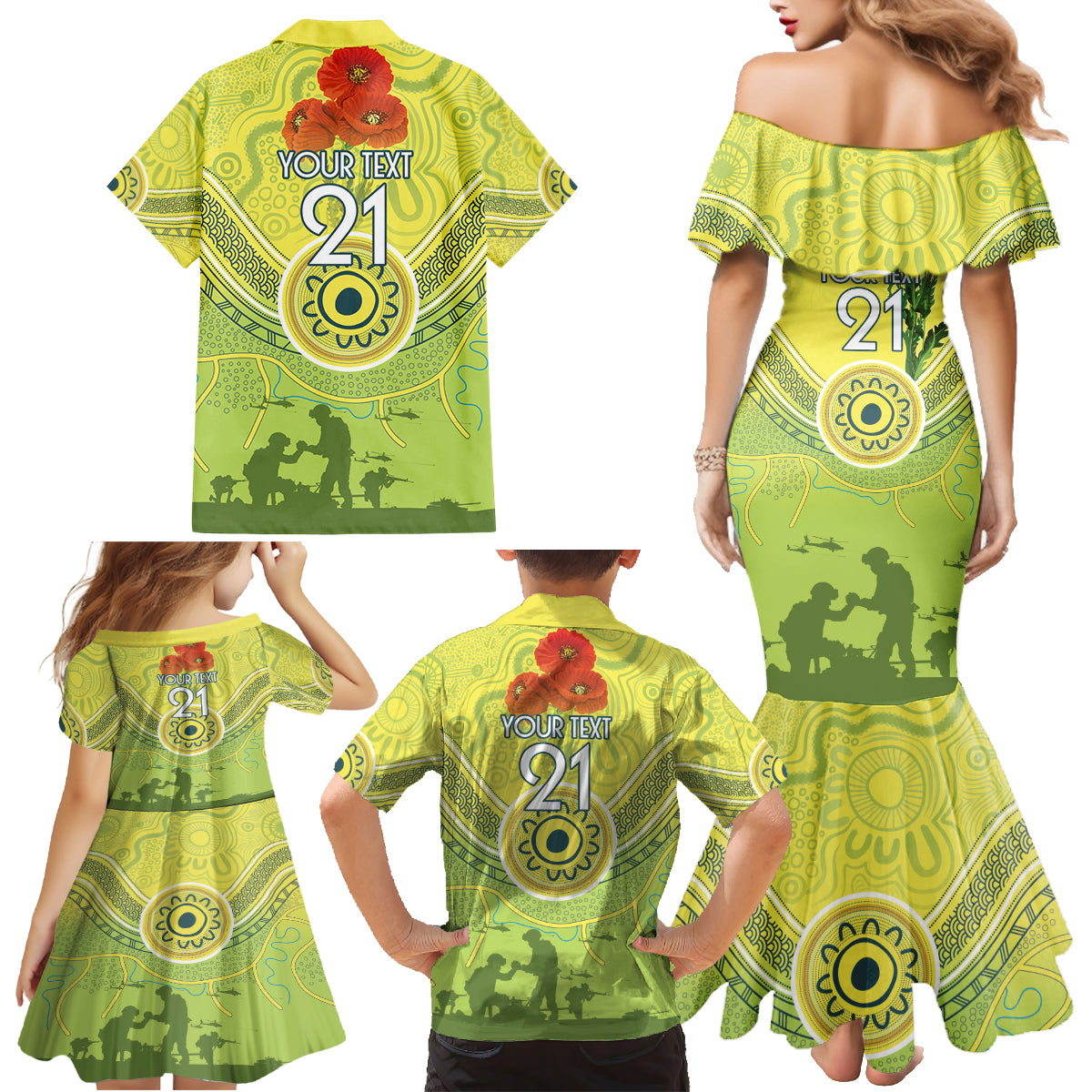 Custom Australia Cricket ANZAC Family Matching Mermaid Dress and Hawaiian Shirt The Military Soldiers with Aboriginal Style
