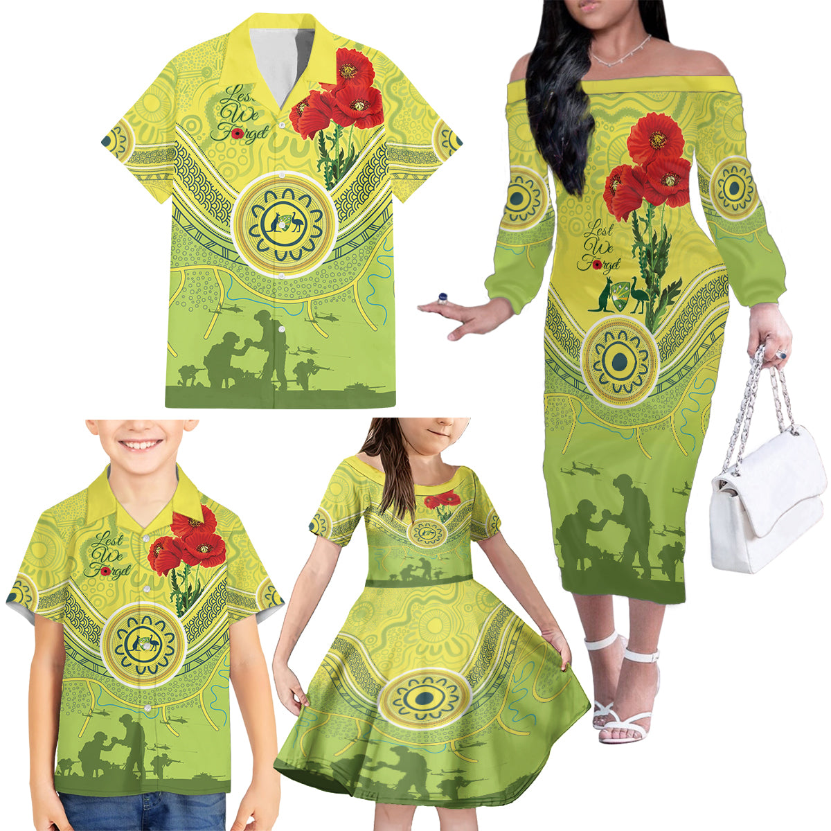 Custom Australia Cricket ANZAC Family Matching Off Shoulder Long Sleeve Dress and Hawaiian Shirt The Military Soldiers with Aboriginal Style