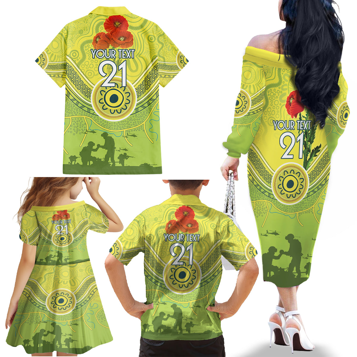 Custom Australia Cricket ANZAC Family Matching Off Shoulder Long Sleeve Dress and Hawaiian Shirt The Military Soldiers with Aboriginal Style