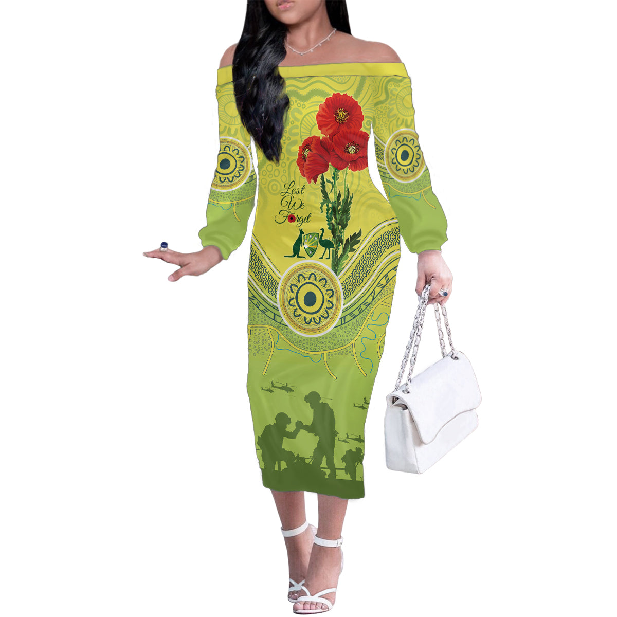 Custom Australia Cricket ANZAC Family Matching Off Shoulder Long Sleeve Dress and Hawaiian Shirt The Military Soldiers with Aboriginal Style