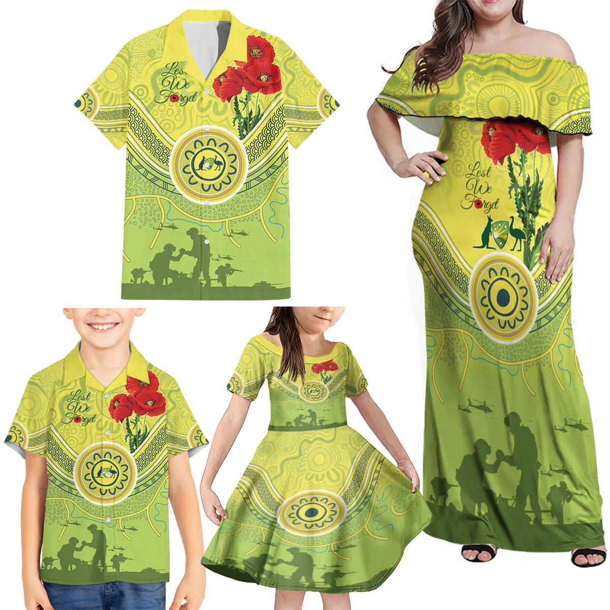 Custom Australia Cricket ANZAC Family Matching Off Shoulder Maxi Dress and Hawaiian Shirt The Military Soldiers with Aboriginal Style
