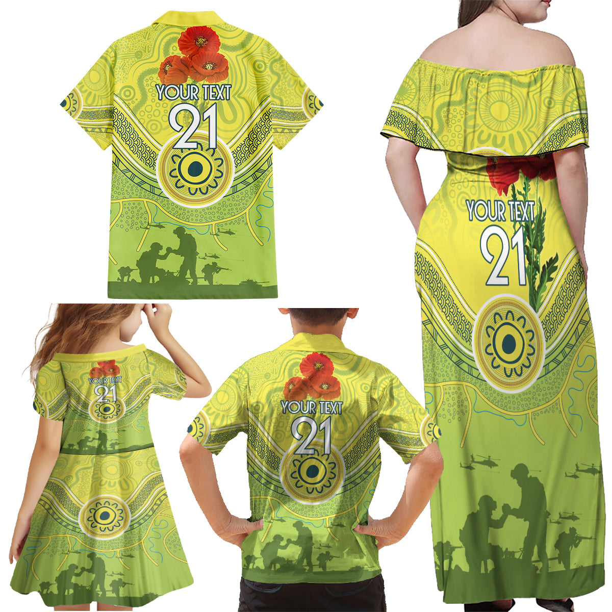Custom Australia Cricket ANZAC Family Matching Off Shoulder Maxi Dress and Hawaiian Shirt The Military Soldiers with Aboriginal Style
