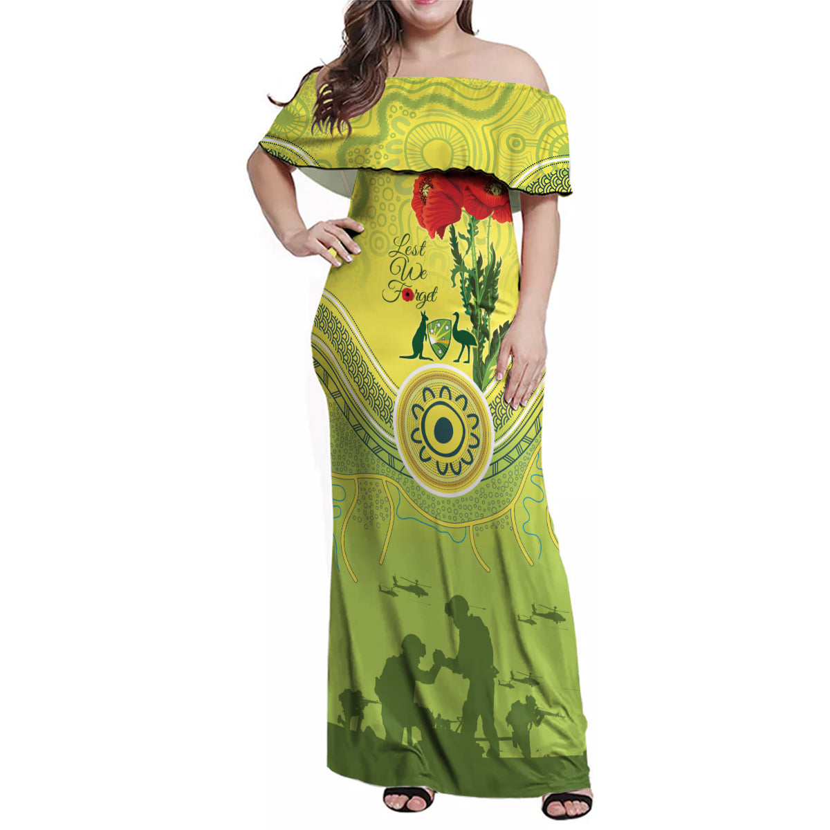 Custom Australia Cricket ANZAC Family Matching Off Shoulder Maxi Dress and Hawaiian Shirt The Military Soldiers with Aboriginal Style