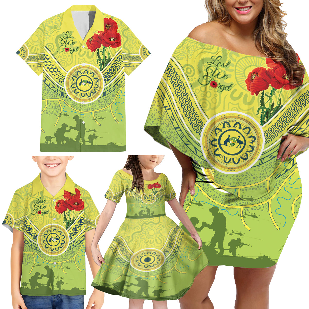 Custom Australia Cricket ANZAC Family Matching Off Shoulder Short Dress and Hawaiian Shirt The Military Soldiers with Aboriginal Style