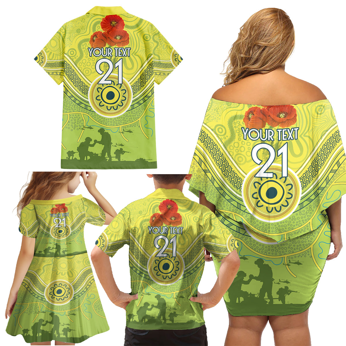Custom Australia Cricket ANZAC Family Matching Off Shoulder Short Dress and Hawaiian Shirt The Military Soldiers with Aboriginal Style