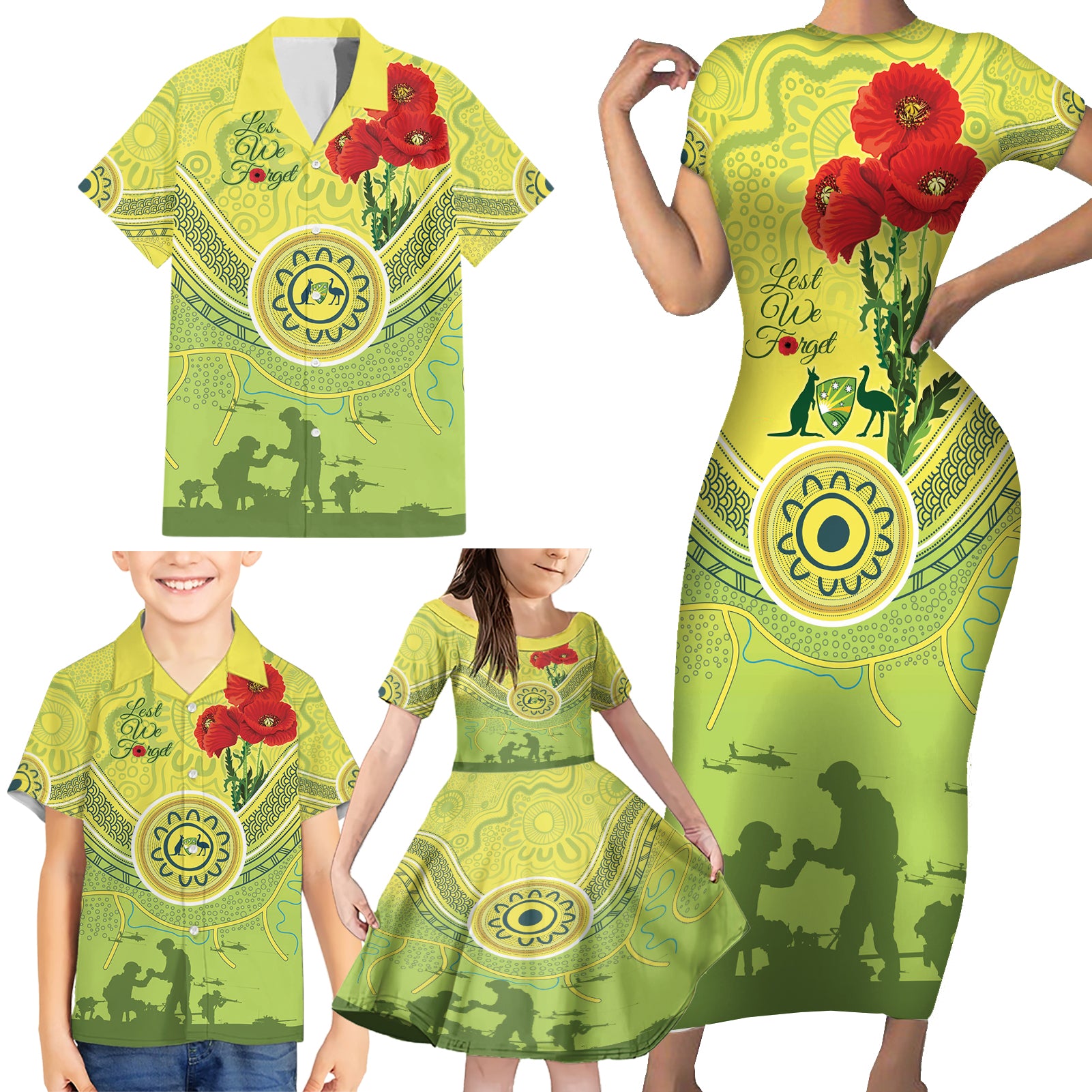 Custom Australia Cricket ANZAC Family Matching Short Sleeve Bodycon Dress and Hawaiian Shirt The Military Soldiers with Aboriginal Style