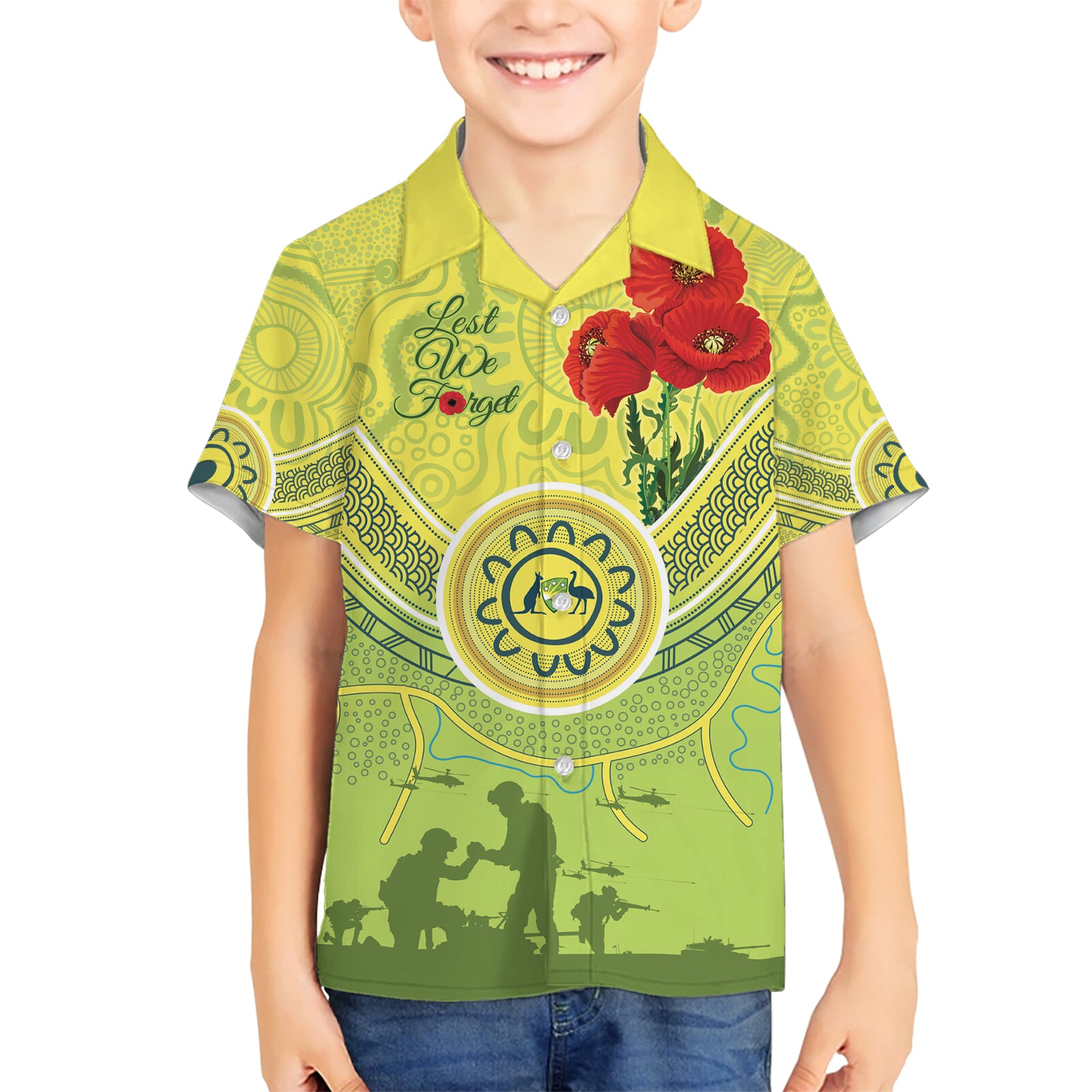 Custom Australia Cricket ANZAC Kid Hawaiian Shirt The Military Soldiers with Aboriginal Style