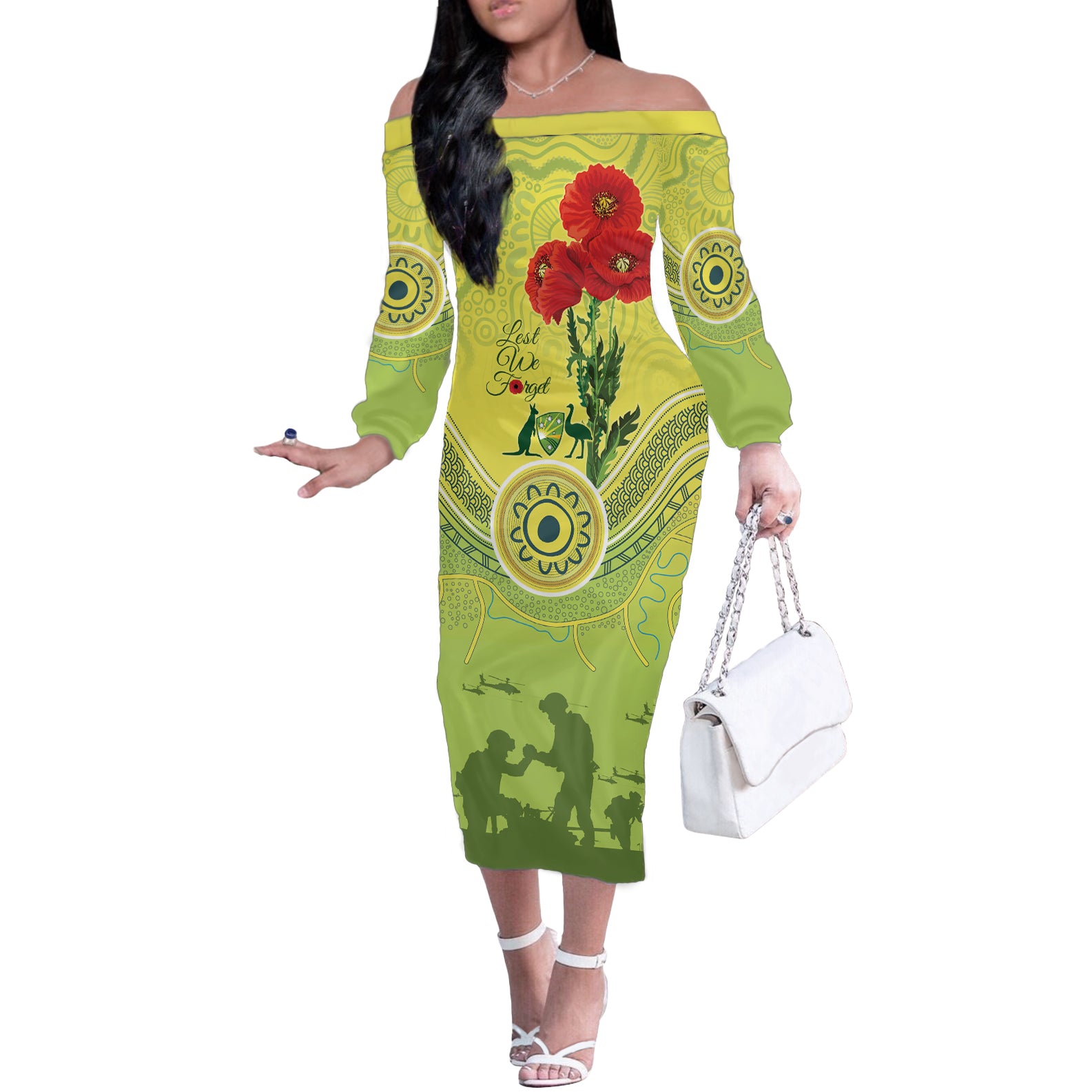 Custom Australia Cricket ANZAC Off The Shoulder Long Sleeve Dress The Military Soldiers with Aboriginal Style