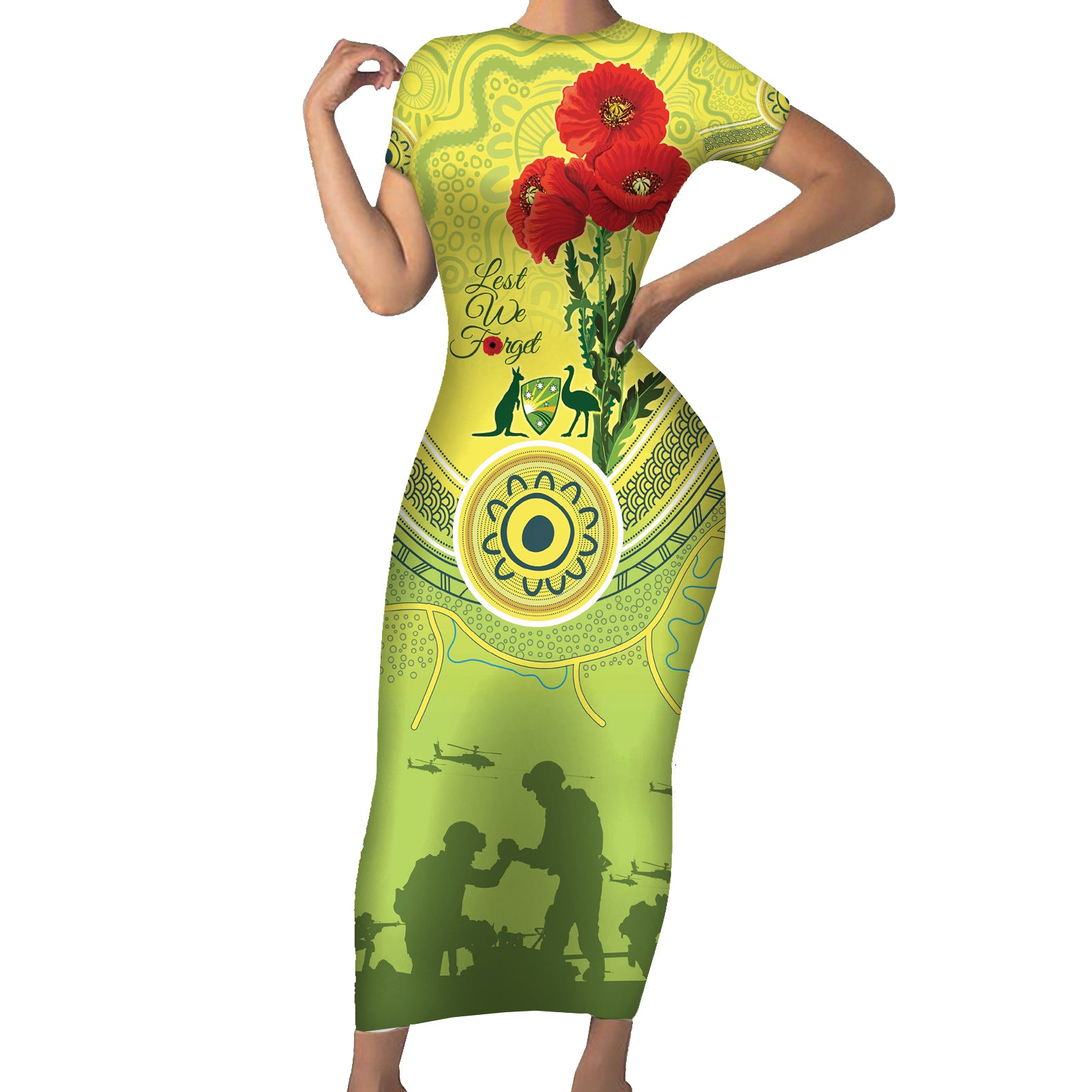 Custom Australia Cricket ANZAC Short Sleeve Bodycon Dress The Military Soldiers with Aboriginal Style