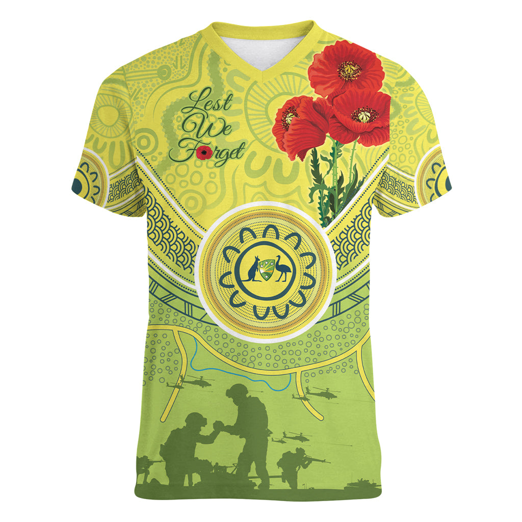 Custom Australia Cricket ANZAC Women V Neck T Shirt The Military Soldiers with Aboriginal Style - Vibe Hoodie Shop
