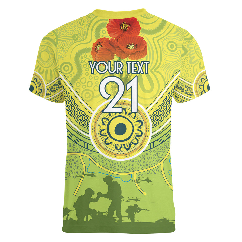 Custom Australia Cricket ANZAC Women V Neck T Shirt The Military Soldiers with Aboriginal Style - Vibe Hoodie Shop