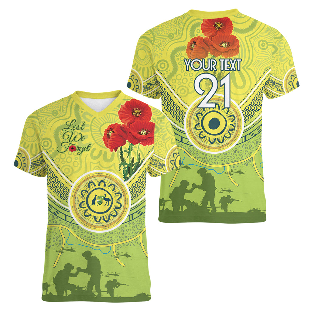 Custom Australia Cricket ANZAC Women V Neck T Shirt The Military Soldiers with Aboriginal Style - Vibe Hoodie Shop