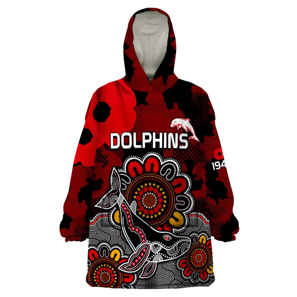 ANZAC Dolphins Rugby Wearable Blanket Hoodie Indigenous Circles and Waves - Vibe Hoodie Shop