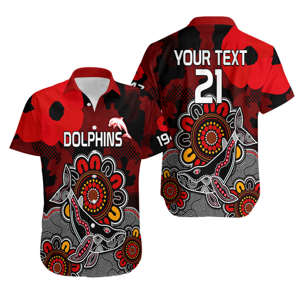 Personalised ANZAC Dolphins Rugby Hawaiian Shirt Indigenous Circles and Waves - Vibe Hoodie Shop