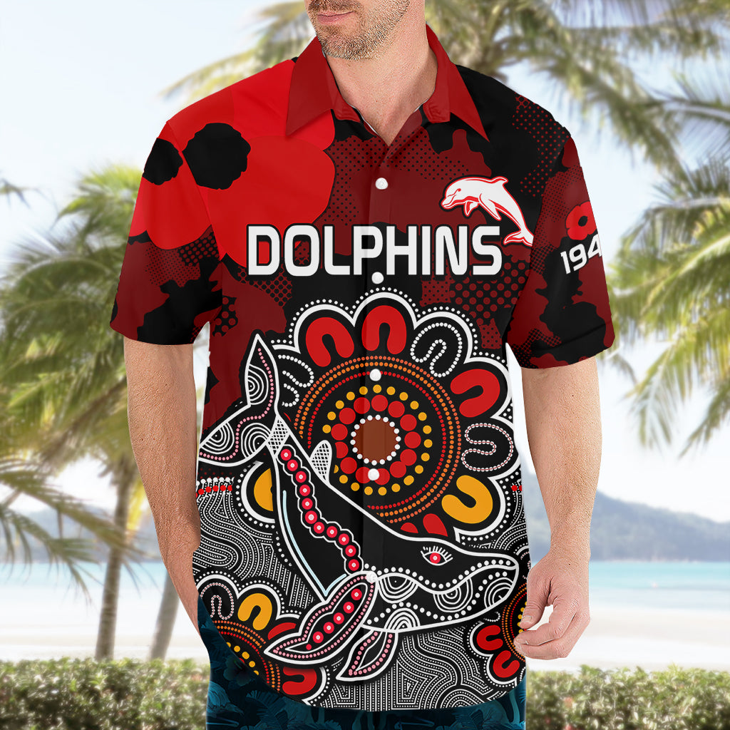 Personalised ANZAC Dolphins Rugby Hawaiian Shirt Indigenous Circles and Waves - Vibe Hoodie Shop