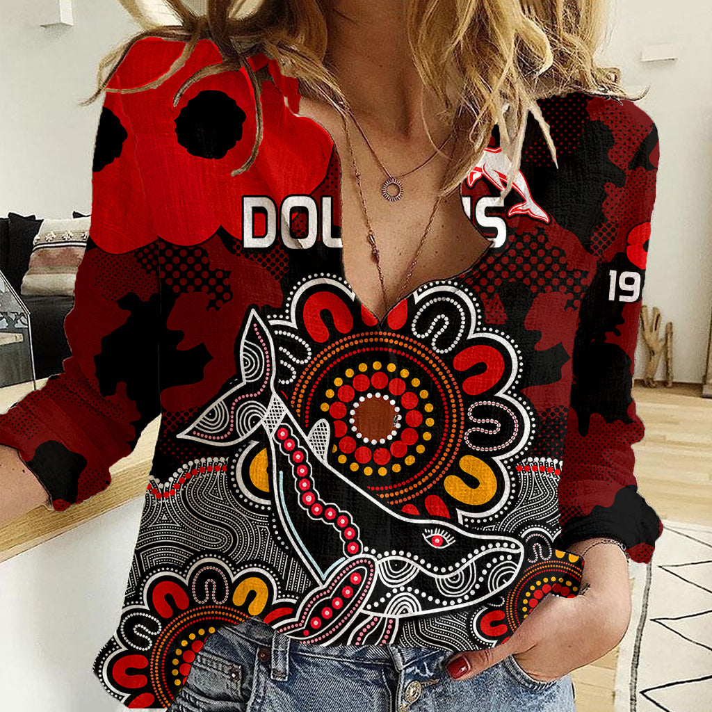 Personalised ANZAC Dolphins Rugby Women Casual Shirt Indigenous Circles and Waves - Vibe Hoodie Shop