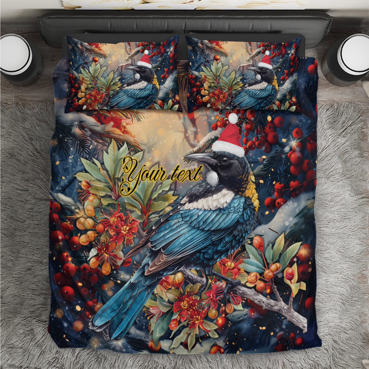 Personalised New Zealand Tui in Pohutukawa Bedding Set Christmas in July - Vibe Hoodie Shop