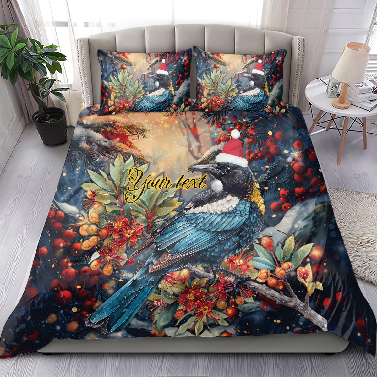 Personalised New Zealand Tui in Pohutukawa Bedding Set Christmas in July - Vibe Hoodie Shop
