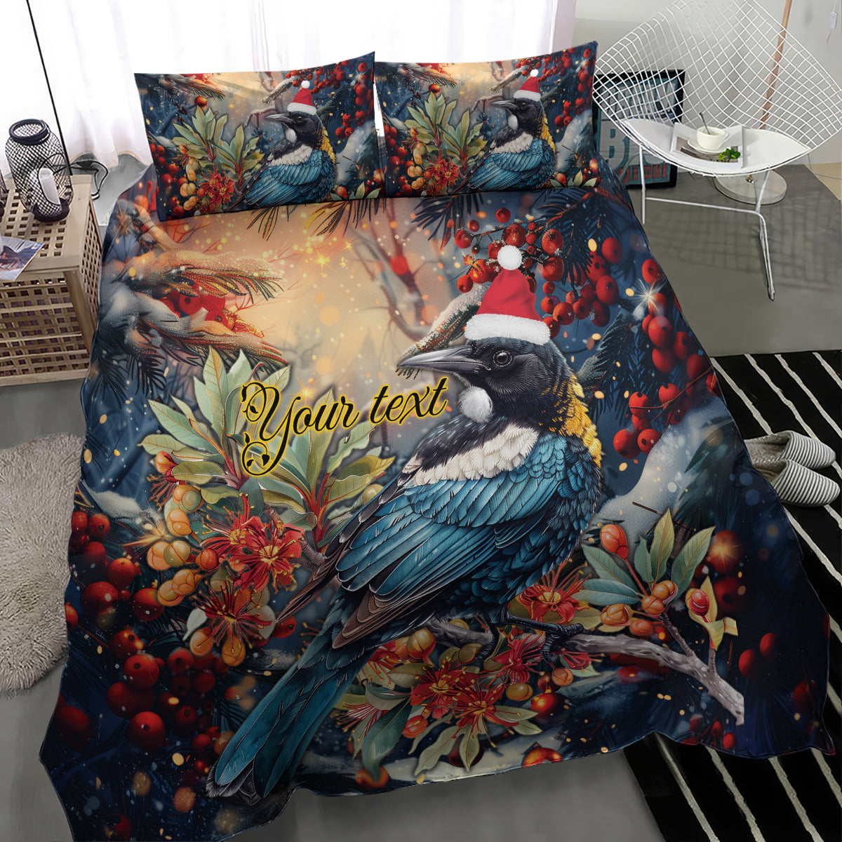 Personalised New Zealand Tui in Pohutukawa Bedding Set Christmas in July - Vibe Hoodie Shop