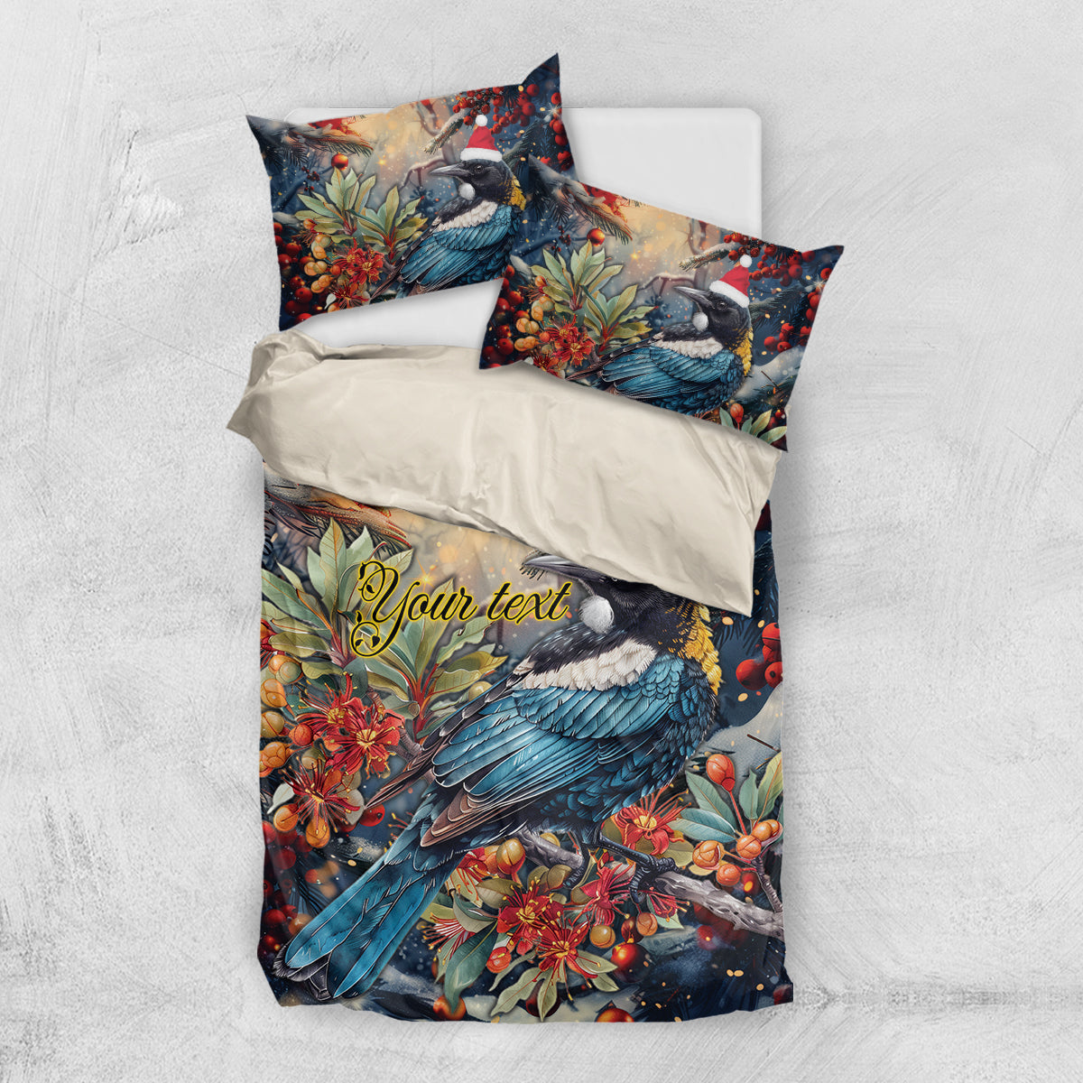 Personalised New Zealand Tui in Pohutukawa Bedding Set Christmas in July - Vibe Hoodie Shop