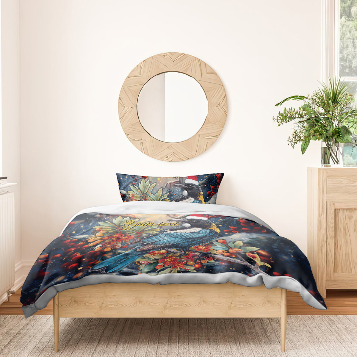 Personalised New Zealand Tui in Pohutukawa Bedding Set Christmas in July - Vibe Hoodie Shop