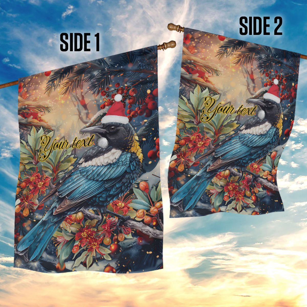 Personalised New Zealand Tui in Pohutukawa Garden Flag Christmas in July - Vibe Hoodie Shop