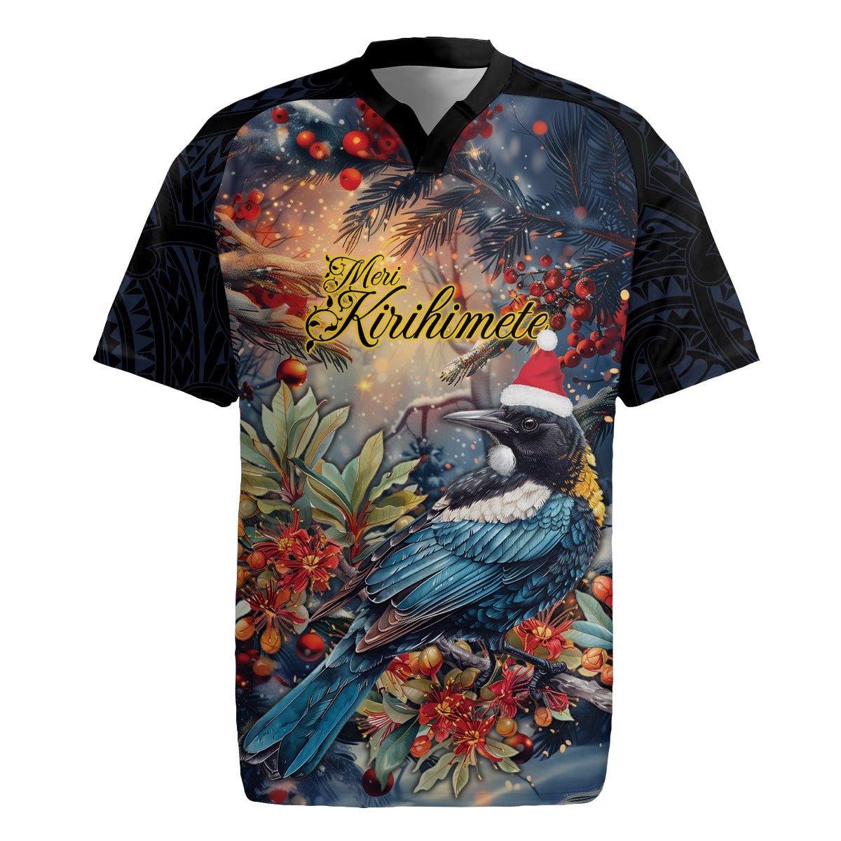 Personalised New Zealand Tui in Pohutukawa Rugby Jersey Christmas in July