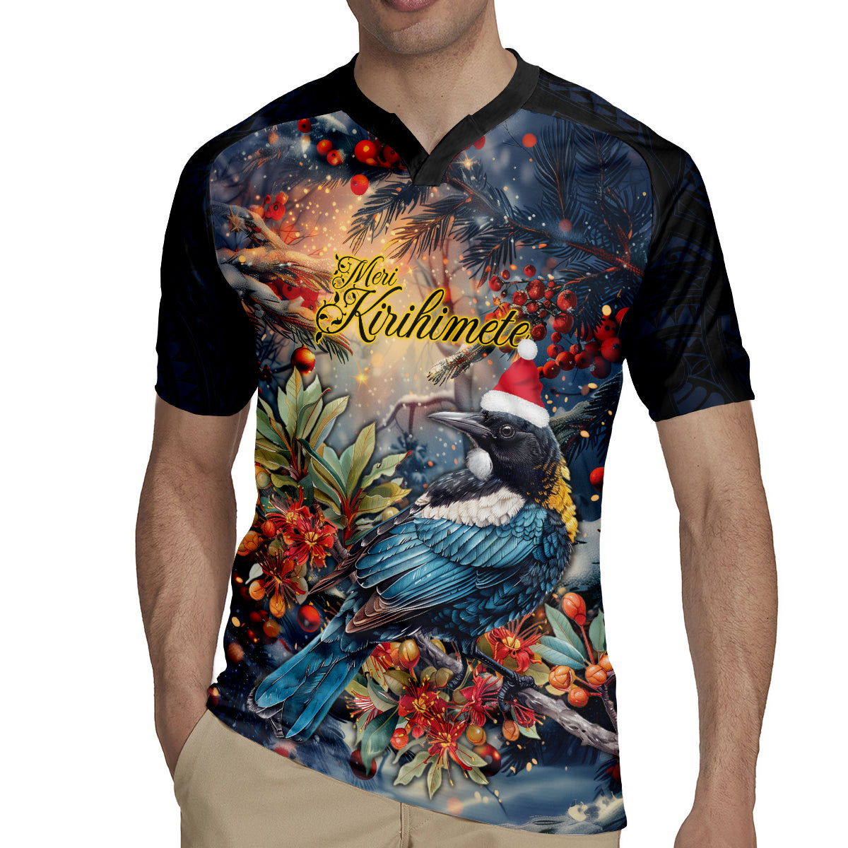 Personalised New Zealand Tui in Pohutukawa Rugby Jersey Christmas in July