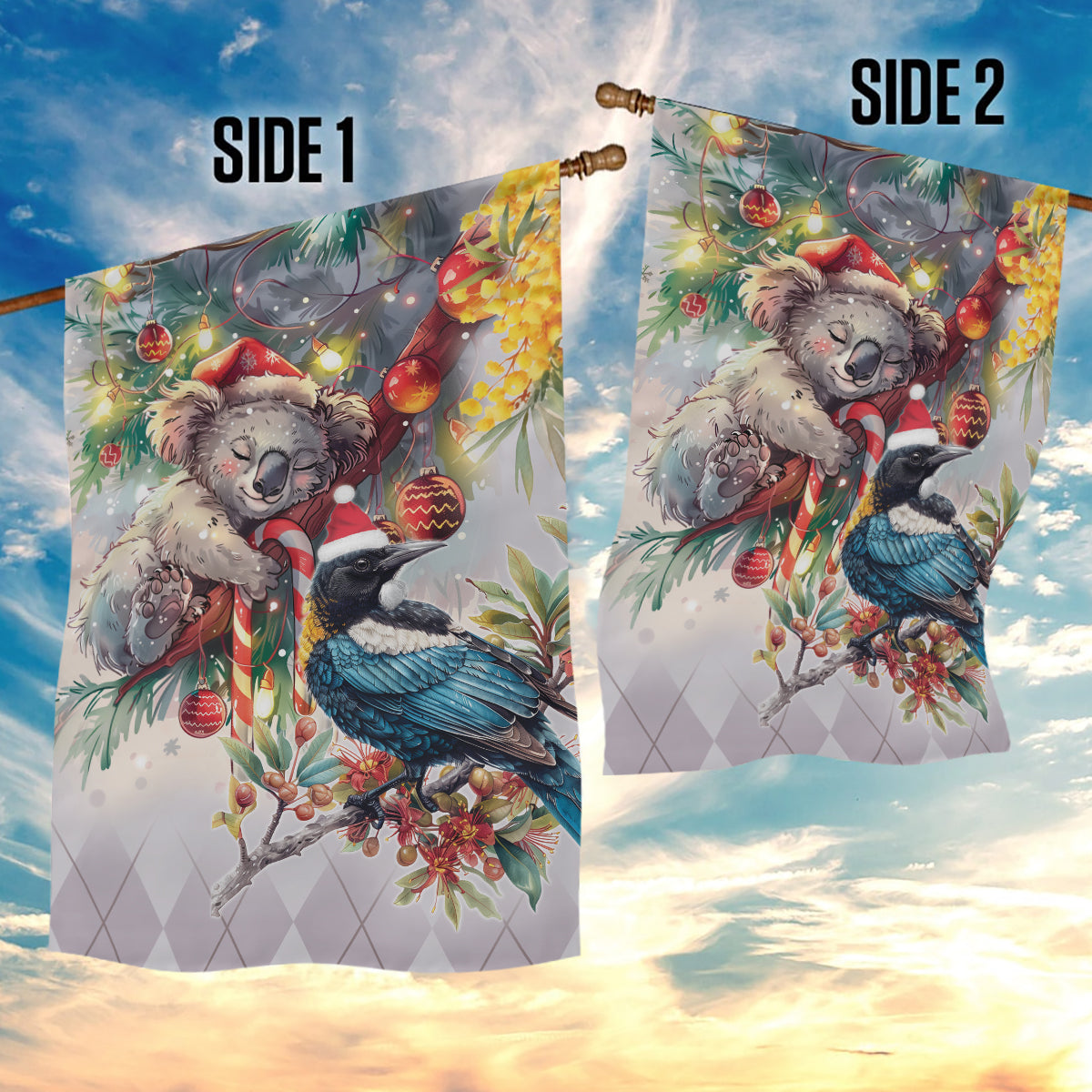 Koala and Tui Bird Christmas in July Garden Flag - Vibe Hoodie Shop