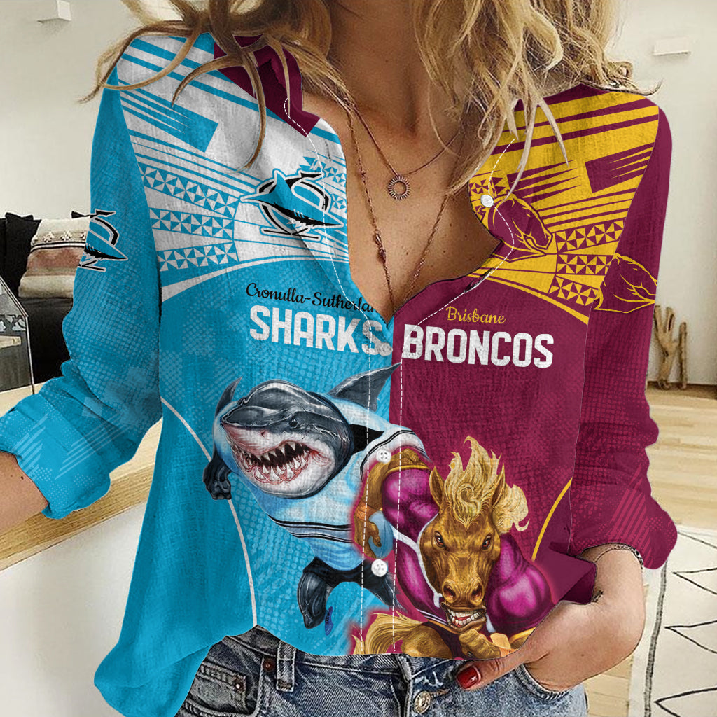 Custom Broncos and Sharks Women Casual Shirt Sporty Style - Vibe Hoodie Shop