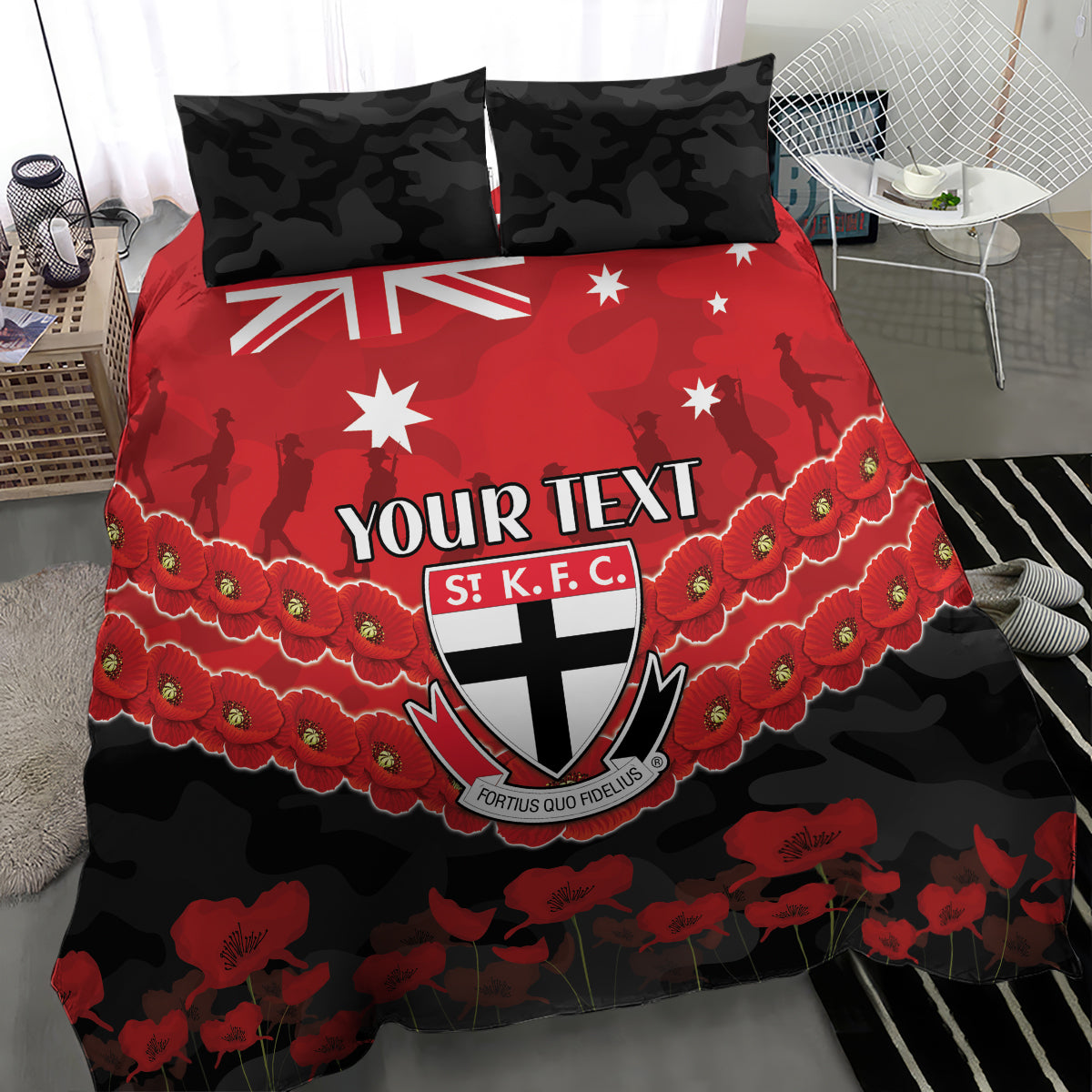 Custom St Kilda Saints Football Bedding Set ANZAC Lest We Forget - Vibe Hoodie Shop
