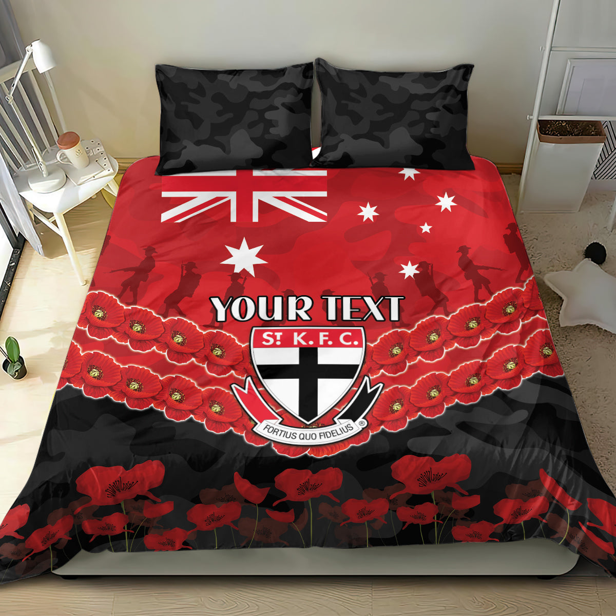 Custom St Kilda Saints Football Bedding Set ANZAC Lest We Forget - Vibe Hoodie Shop
