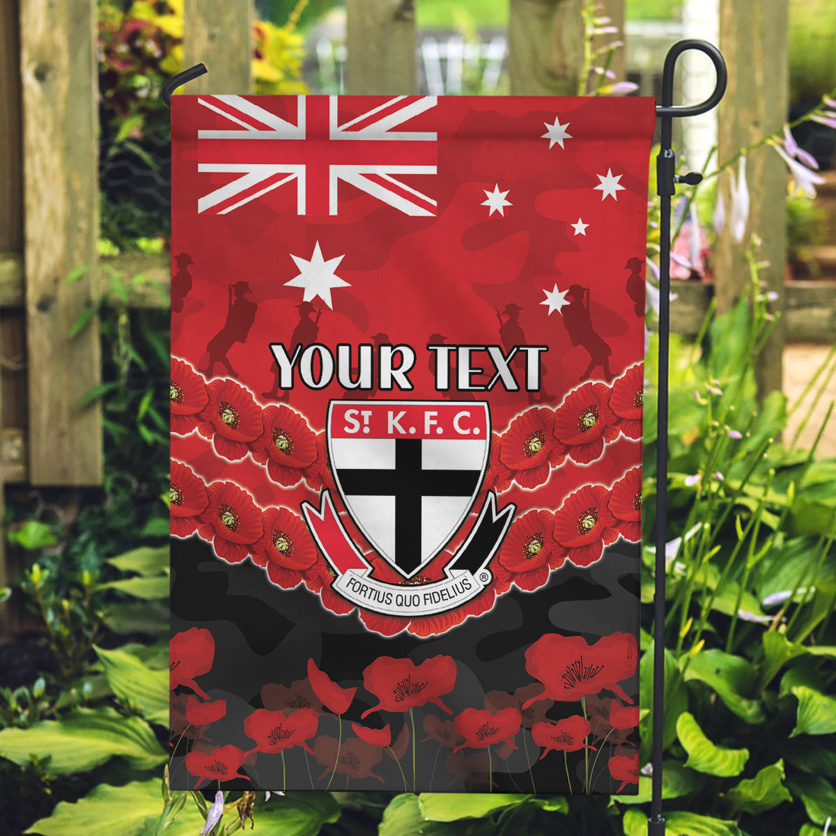 Custom St Kilda Saints Football Garden Flag ANZAC Lest We Forget - Vibe Hoodie Shop