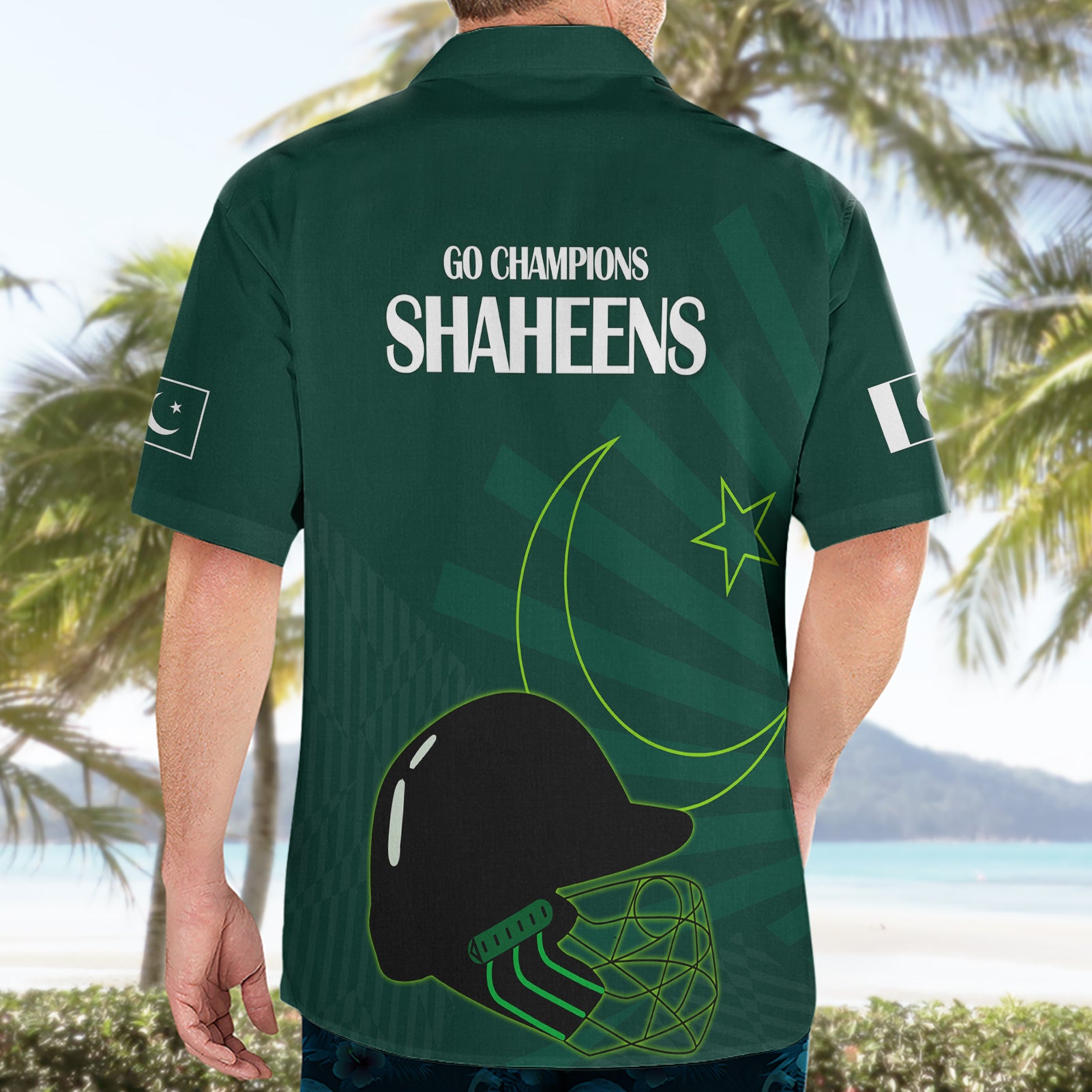 Pakistan Cricket Helmet Hawaiian Shirt Proud Shaheen Falcon Star and Crescent - Vibe Hoodie Shop