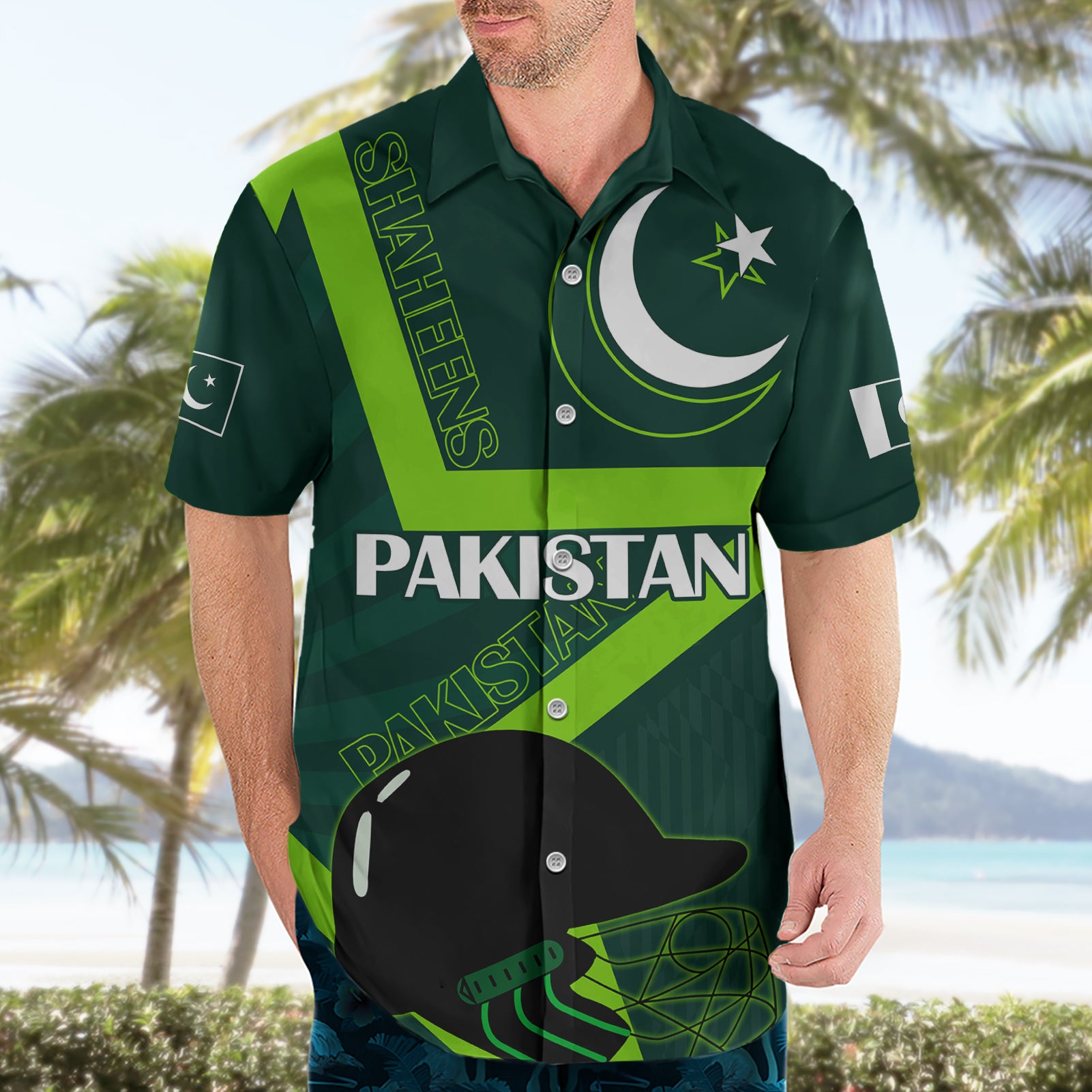 Custom Pakistan Cricket Helmet Hawaiian Shirt Proud Shaheen Falcon Star and Crescent - Vibe Hoodie Shop