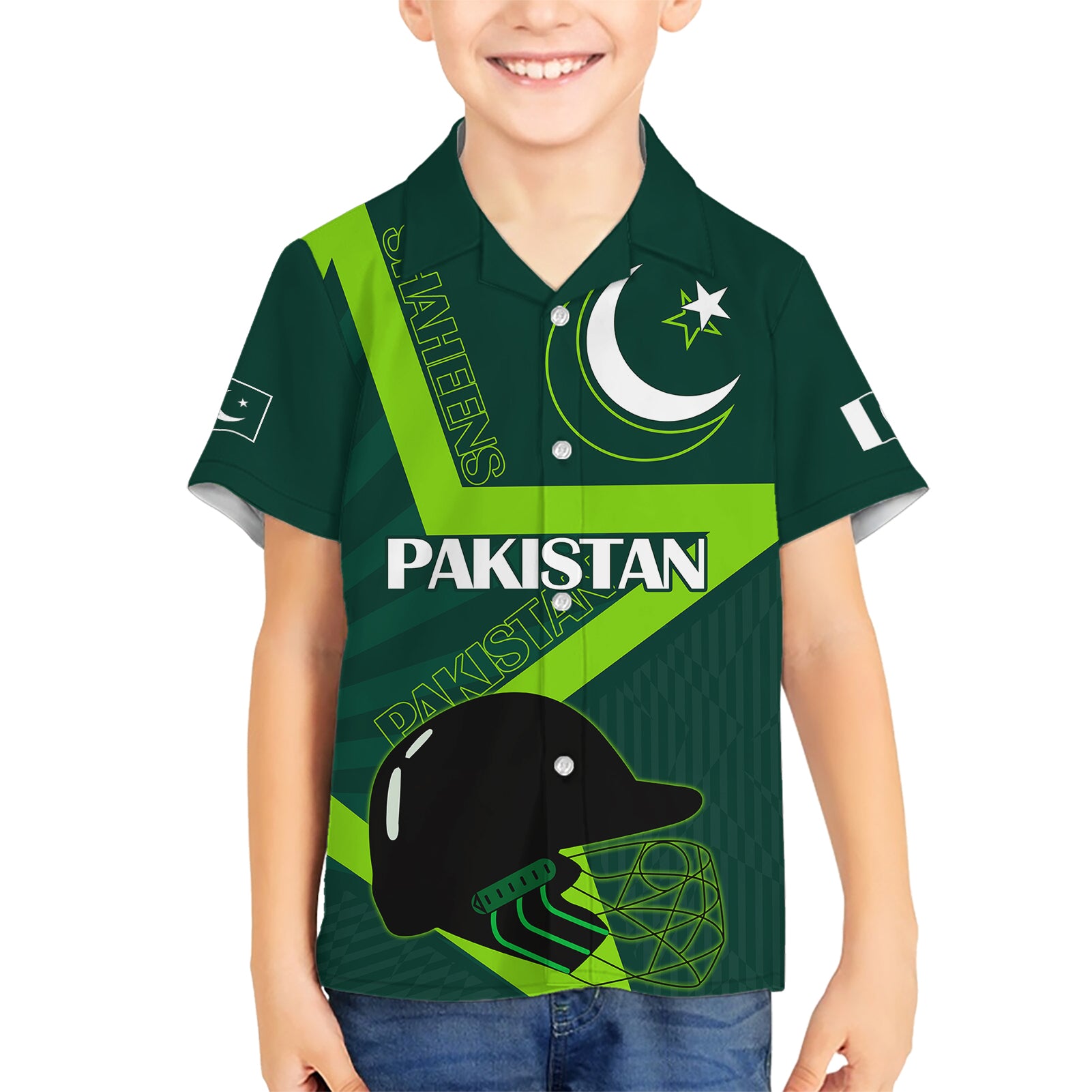 Custom Pakistan Cricket Helmet Hawaiian Shirt Proud Shaheen Falcon Star and Crescent - Vibe Hoodie Shop
