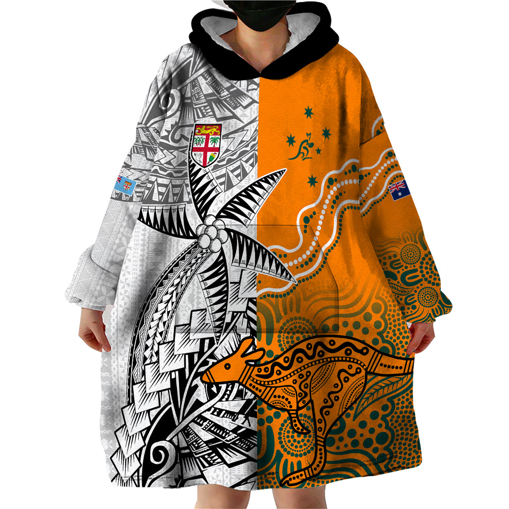 Fiji Australia Rugby Wearable Blanket Hoodie World Cup 2023 Polynesia Tapa Mixed Indigenous Aboriginal - Vibe Hoodie Shop