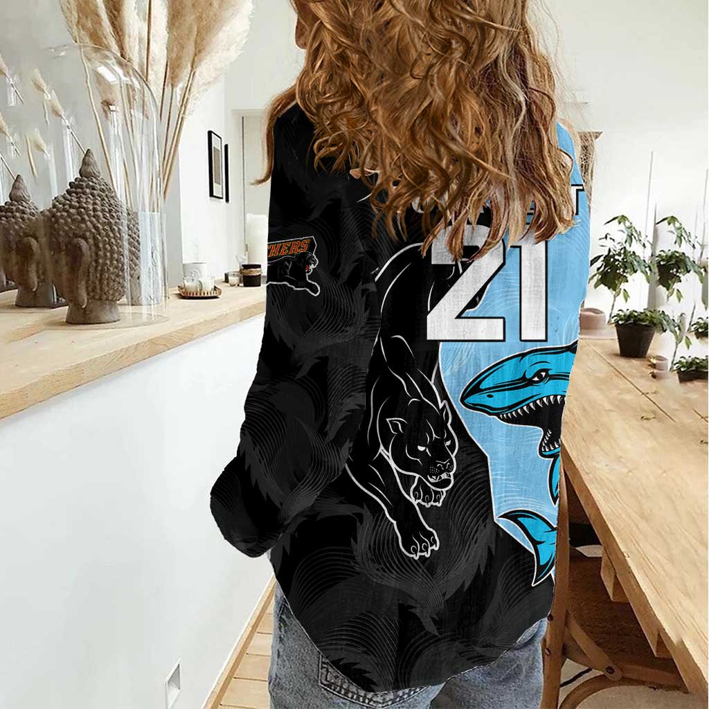 NRL Panthers-Shark Mascot Custom Women Casual Shirt Cracked Metal Style - Vibe Hoodie Shop