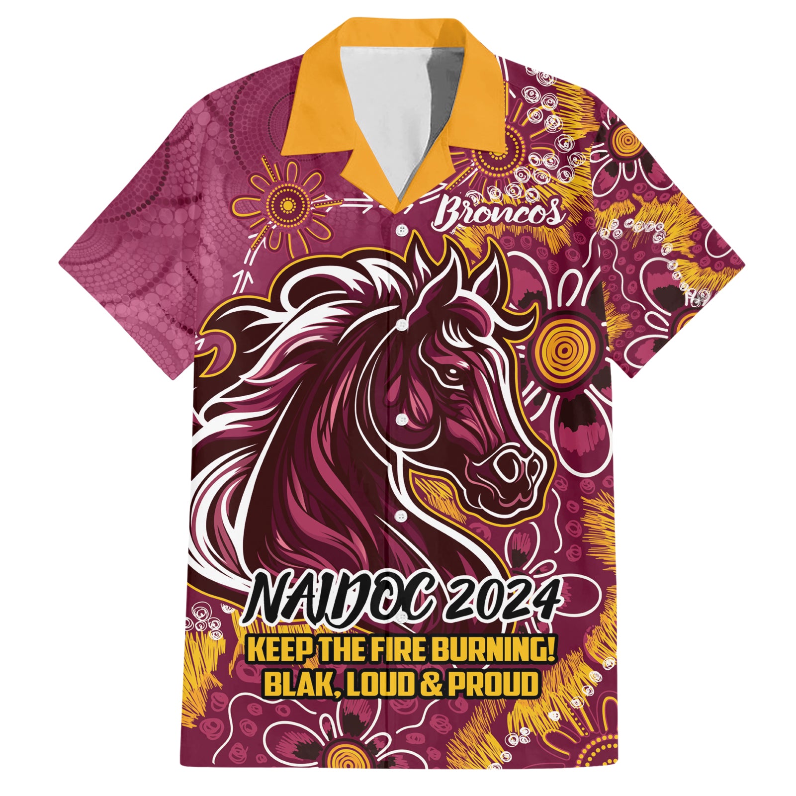 Personalised Broncos NAIDOC Week 2024 Hawaiian Shirt Aboriginal Fire Burning Sparks - Vibe Hoodie Shop