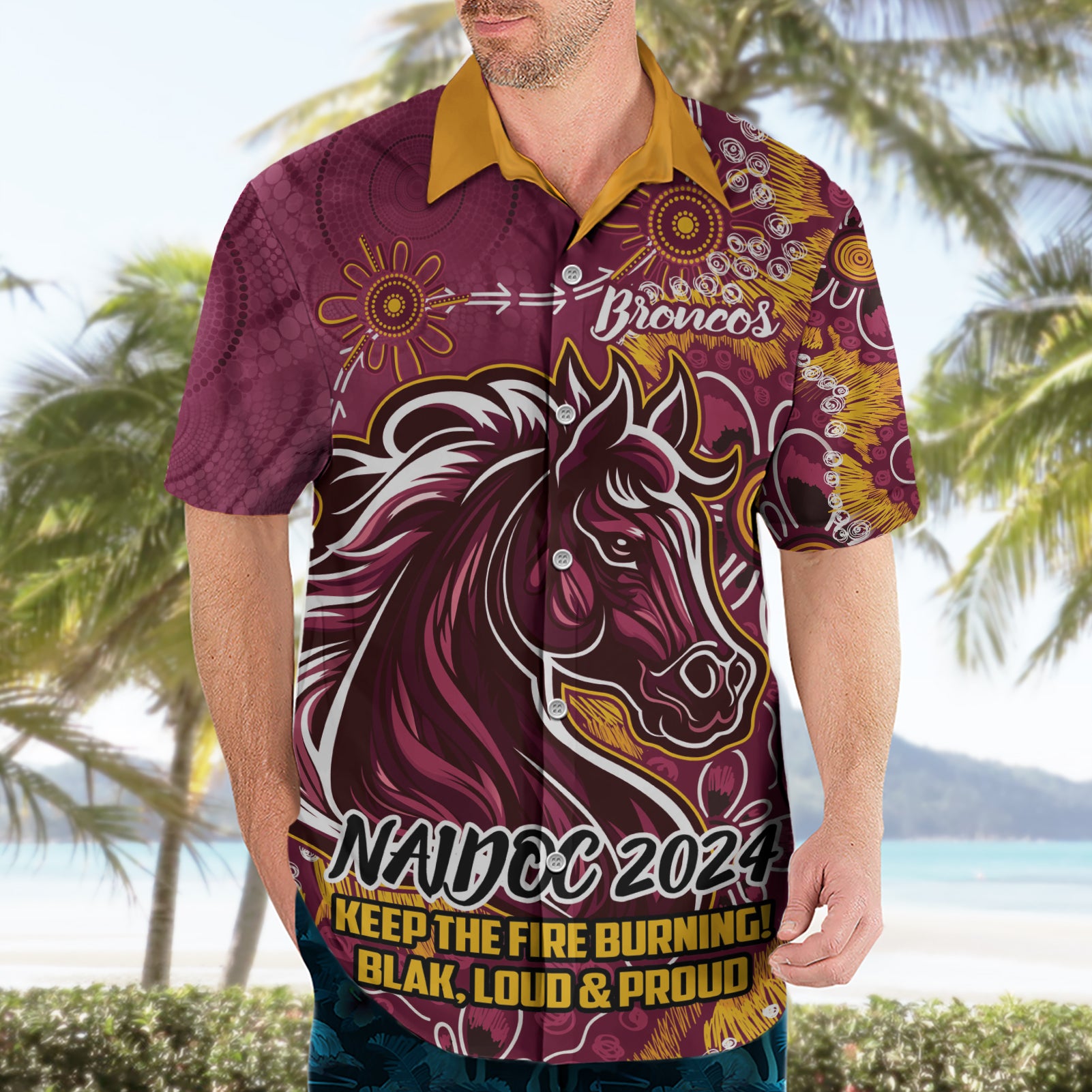 Personalised Broncos NAIDOC Week 2024 Hawaiian Shirt Aboriginal Fire Burning Sparks - Vibe Hoodie Shop