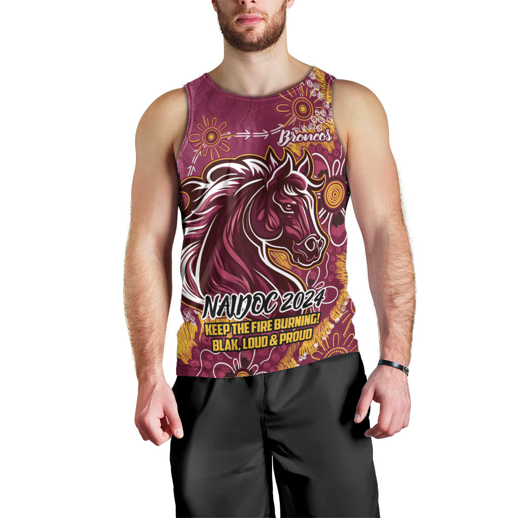 Personalised Broncos NAIDOC Week 2024 Men Tank Top Aboriginal Fire Burning Sparks - Vibe Hoodie Shop