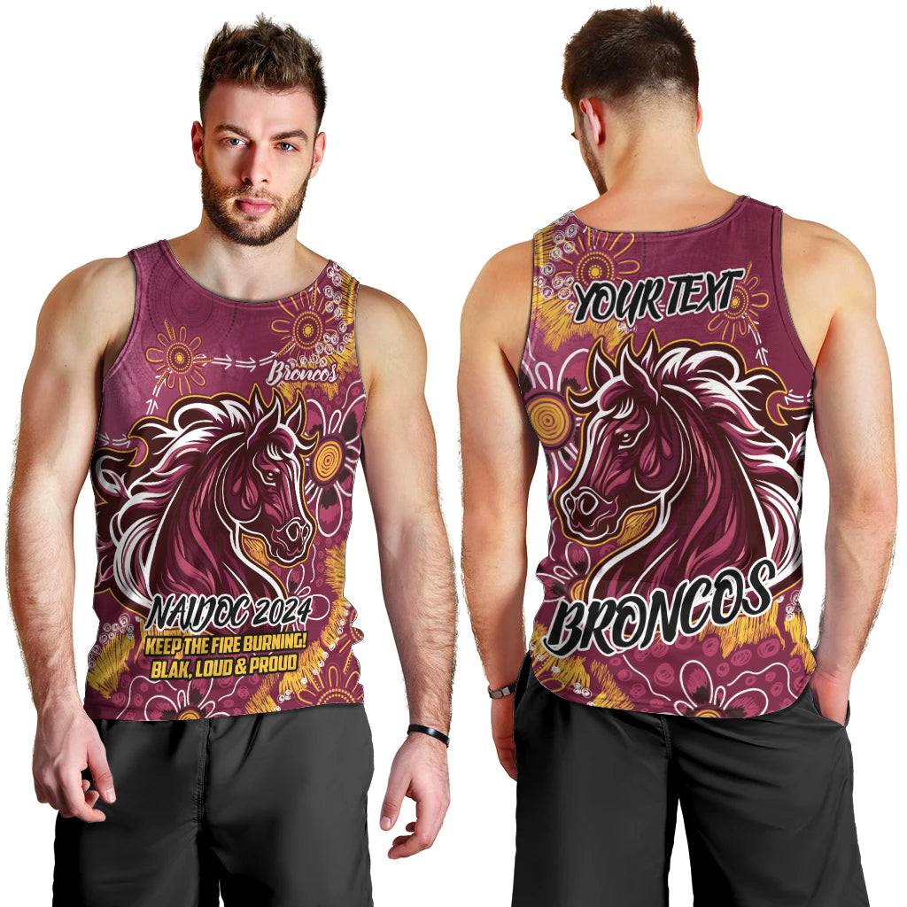 Personalised Broncos NAIDOC Week 2024 Men Tank Top Aboriginal Fire Burning Sparks - Vibe Hoodie Shop