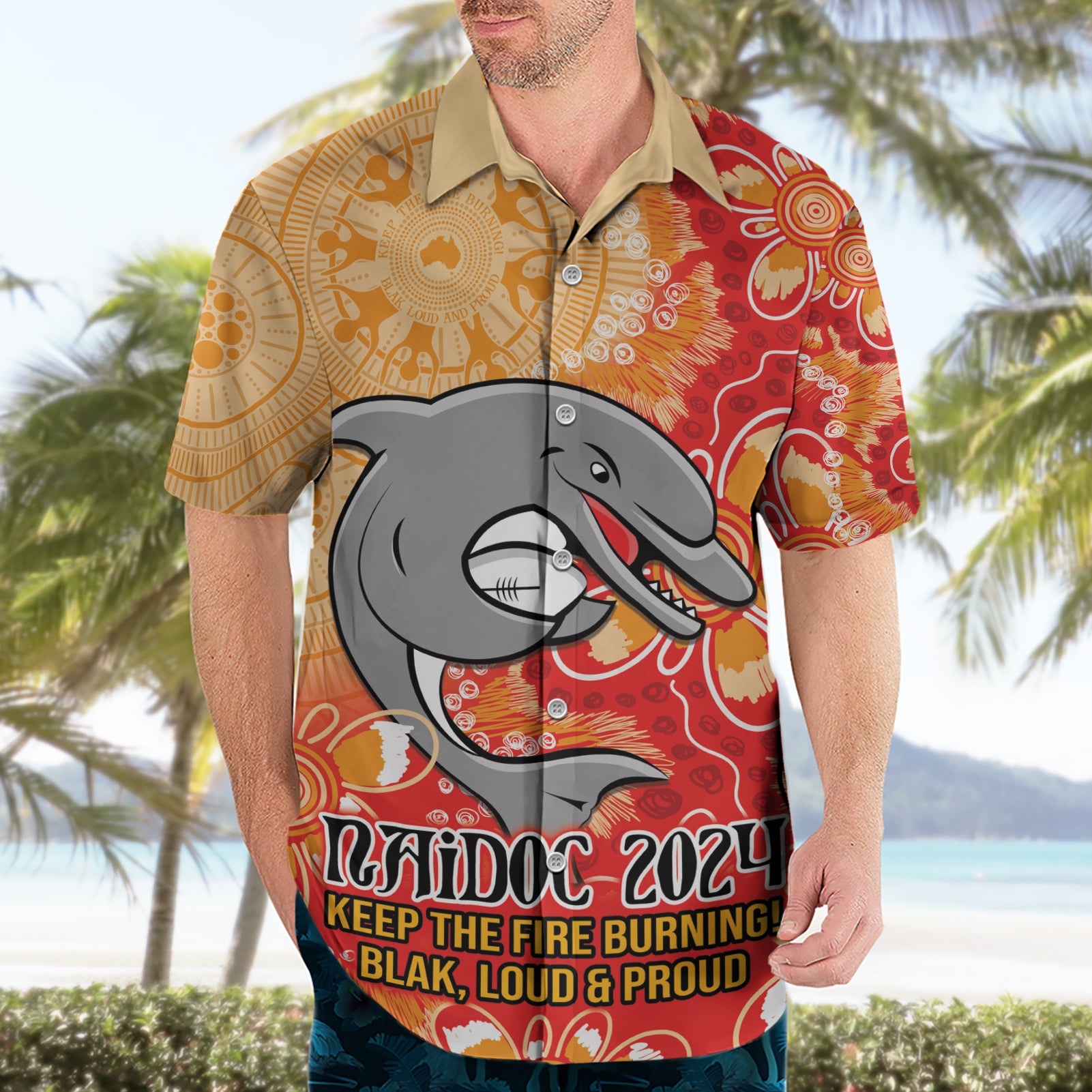 Personalised Dolphins NAIDOC Week 2024 Hawaiian Shirt Aboriginal Fire Burning Sparks - Vibe Hoodie Shop